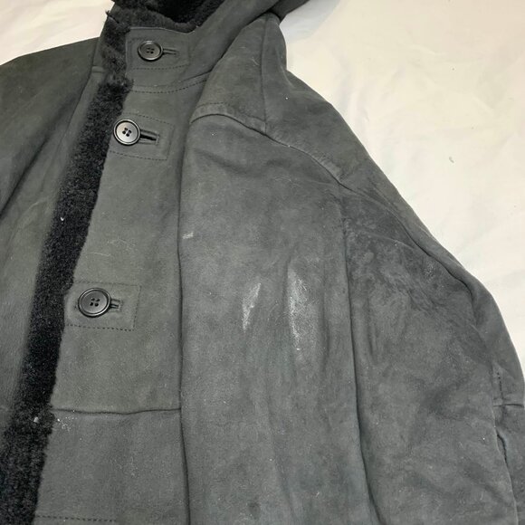 VTG 90s Comme Ça Collection Black Sheepskin Leather Hooded Long Coat Distressed - Picture 7 of 11